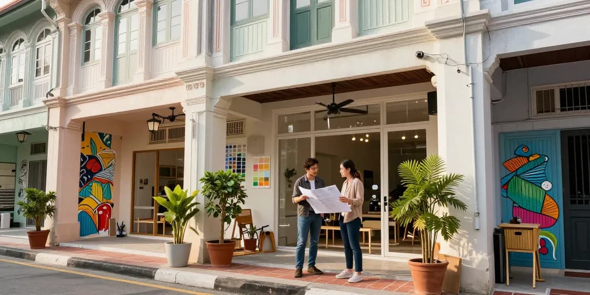 Revamped shophouse showcasing modern renovations with architect discussing plans, highlighting functional design and vibrant atmosphere.