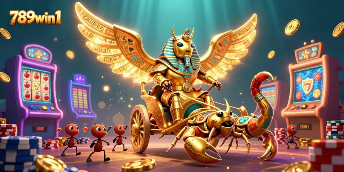 Engage in thrilling gaming adventures at 789win1 with an exciting casino atmosphere of colorful slot machines and captivating characters.