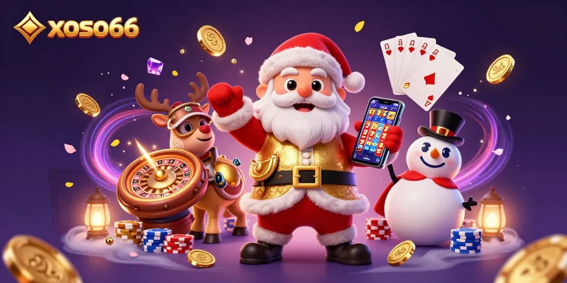 Xoso66 showcases a fun Santa theme in a vibrant casino illustration filled with games and excitement.