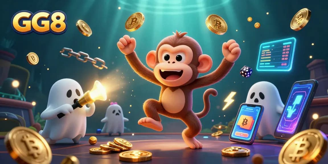 Experience the thrill of GG88 in a captivating haunted casino scene featuring playful poltergeist monkey and curious ghost-hunter puppy.
