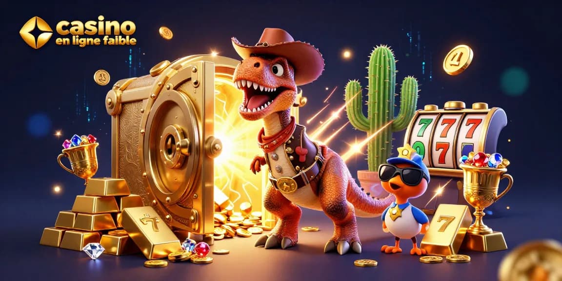 Plongez dans le monde des jeux avec ce T-Rex cowboy et ses amis qui découvrent un casino en ligne fiable plein de trésors.
