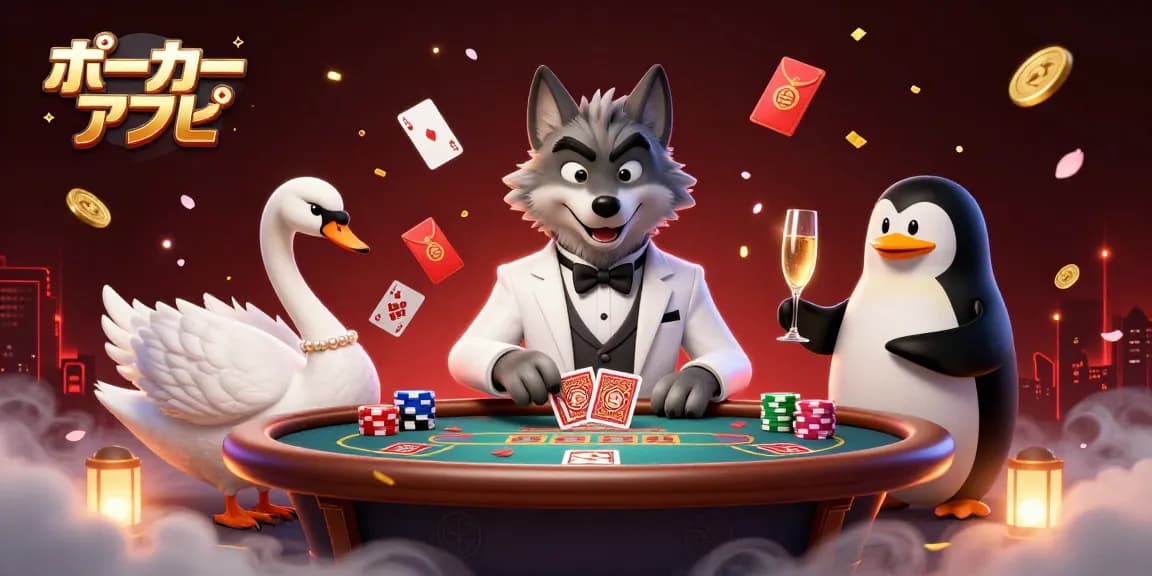 ポーカーアプリで賭けるシーン、カジノの高級感が漂うイラスト