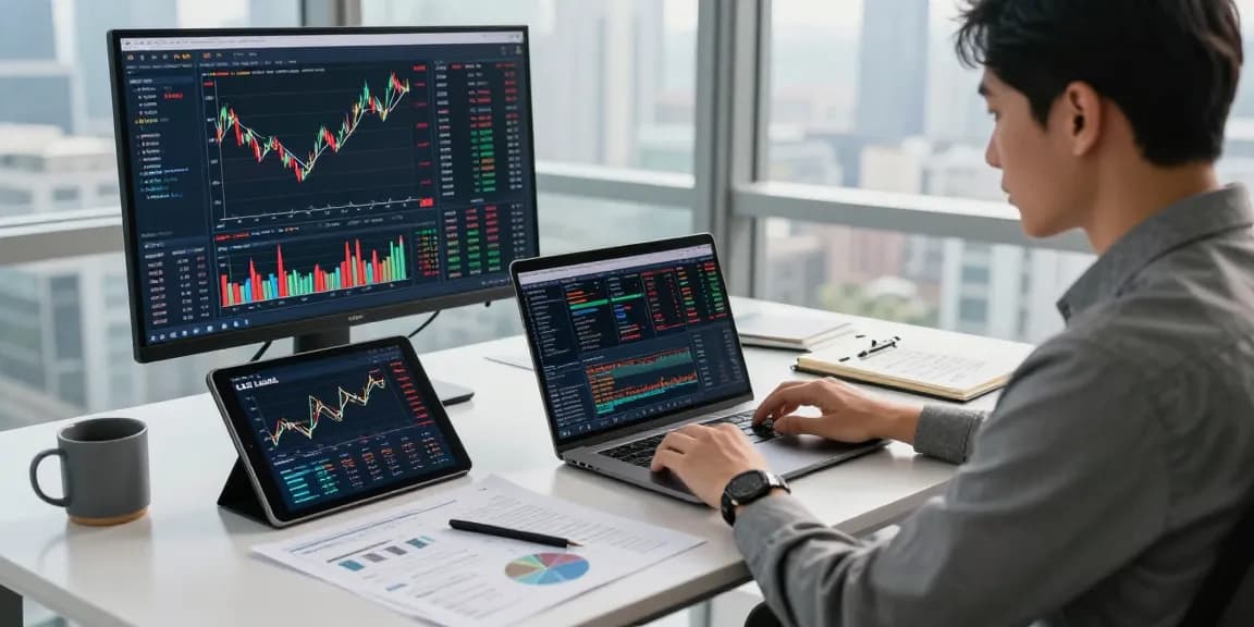 Analyst reviewing LLG Link index and financial reports in a modern office.