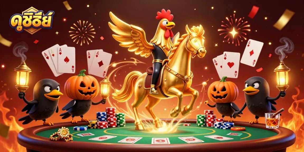 Experience thrilling ดูซีรี่ย์ action as a golden rooster heads a spectacular casino scene surrounded by poker elements.