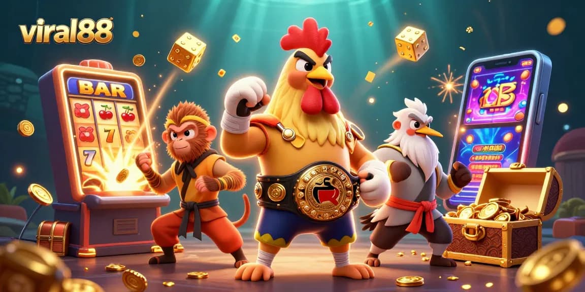 Engage with viral88's Casino Adventure featuring dynamic characters and an explosion of slot game elements.