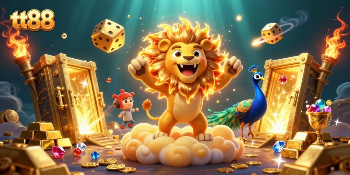 Experience the thrill of gambling with tt88's dynamic casino illustration, featuring a triumphant sun lion amidst treasures.