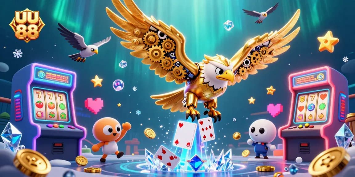 Experience the thrill of uu 88 with a vibrant 3D casino illustration featuring an eagle and dynamic gaming elements.