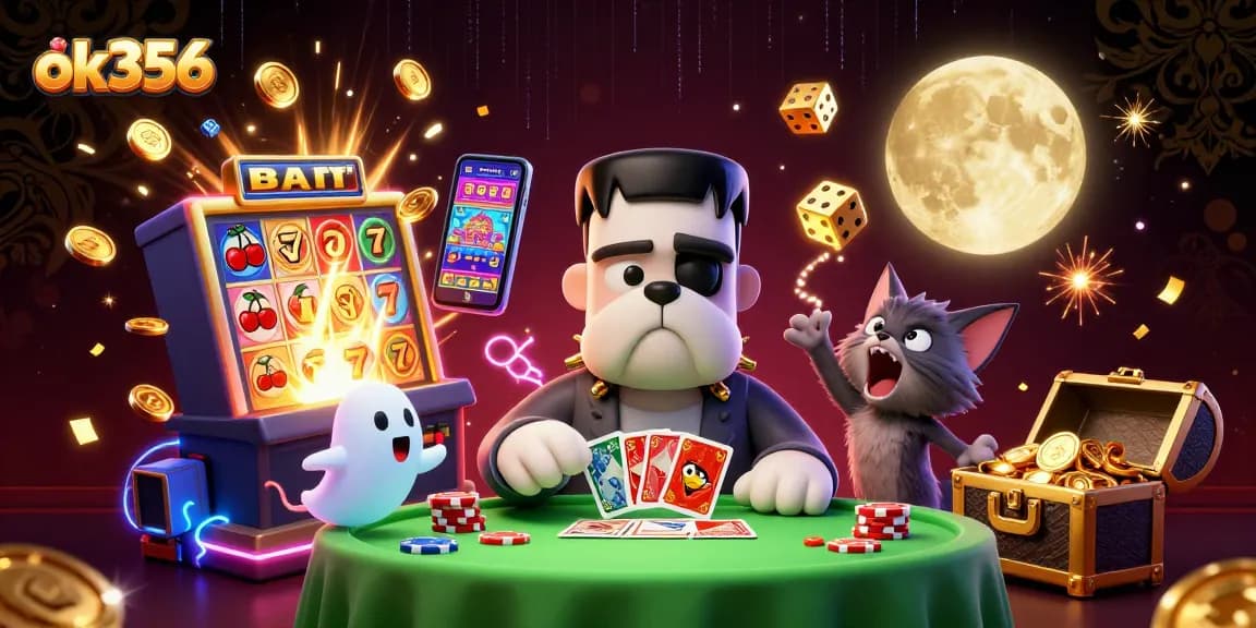 ok356 showcases a thrilling casino scene with a Frankenstein bulldog dealing cards amidst vibrant games