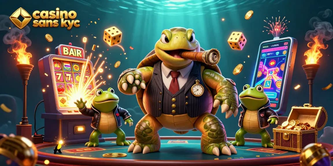 Jouez dans un casino sans KYC avec une ambiance animée qui met en scène des personnages de jeux de casino et des symboles de machines à sous.