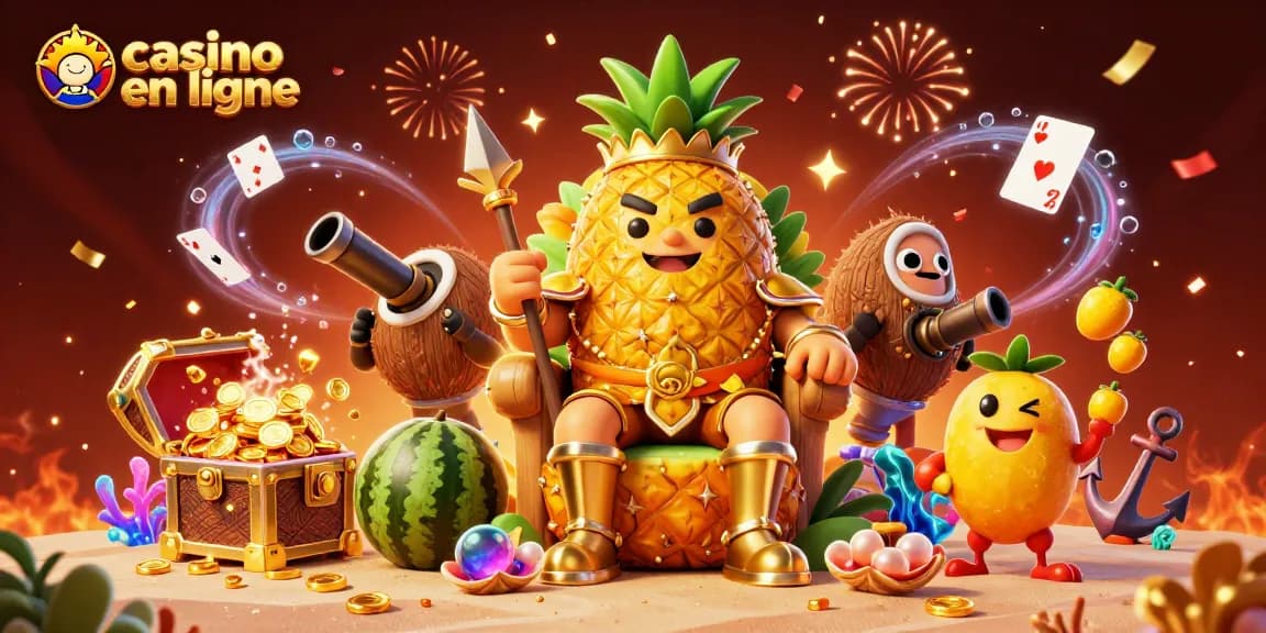 Le roi ananas dans un casino en ligne, entouré de gardes et de joyaux d'argent.
