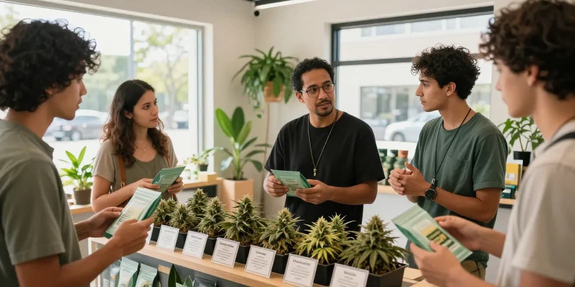 Where Can I Find Top Shelf Cali weed in the UK? Customers engaging in a vibrant urban dispensary while exploring top-shelf cannabis strains.