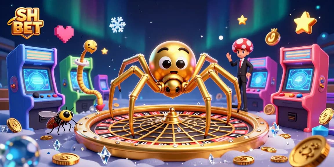 Experience excitement with SH BET as a golden spider spins a roulette wheel in a vibrant casino scene.