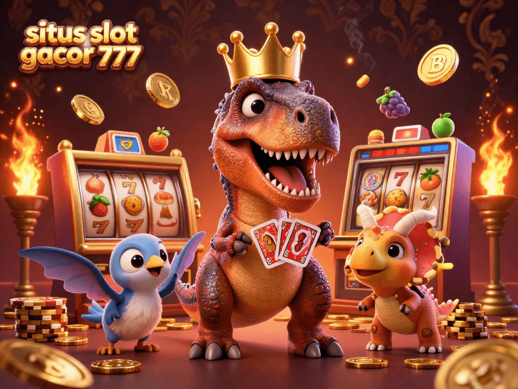 Experience the excitement at situs slot gacor 777 while a friendly T-Rex plays cards and a baby triceratops stacks chips.