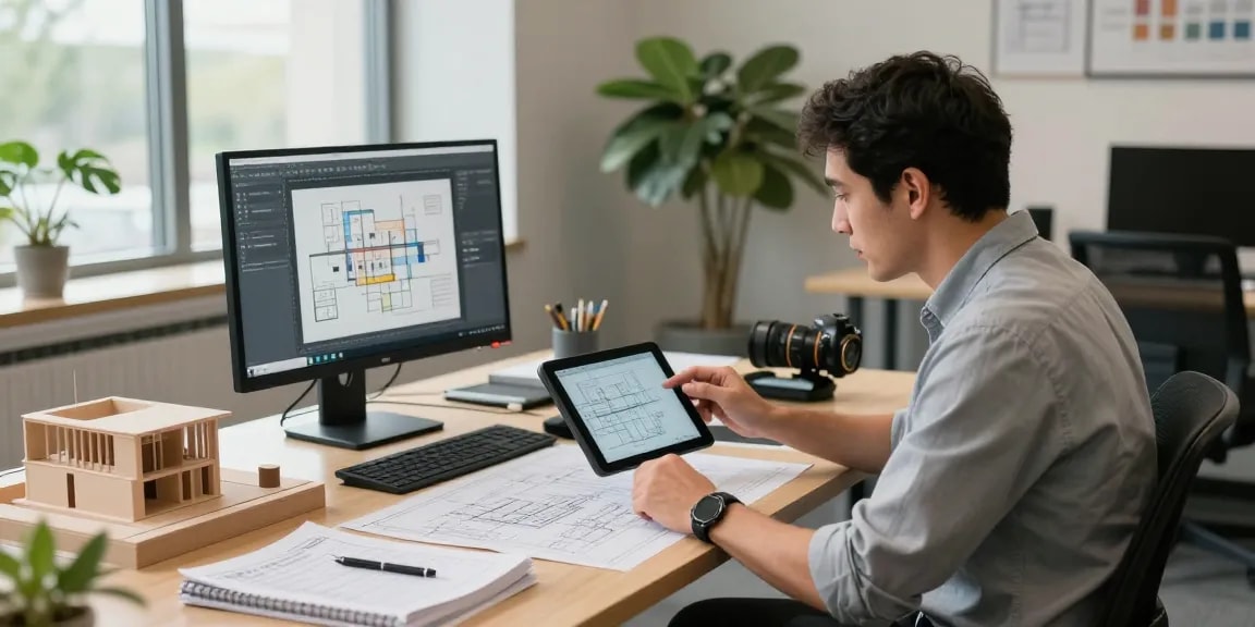 Engineer providing permit engineering services in Missouri, reviewing blueprints on a tablet in a modern office.