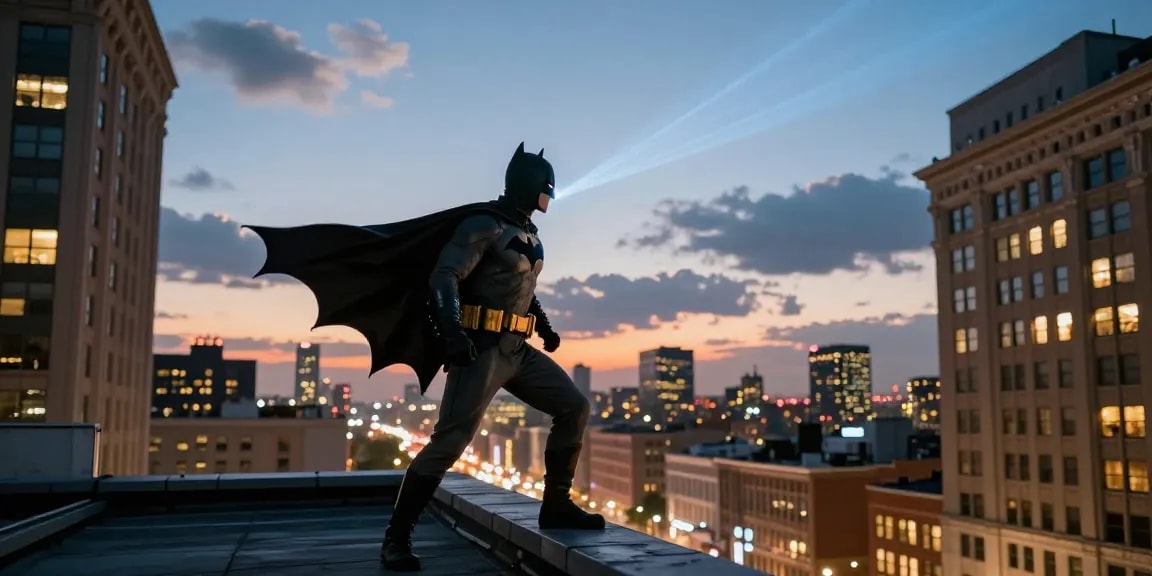 A superhero in a bat-themed suit overlooking the city at batmanloyal.com