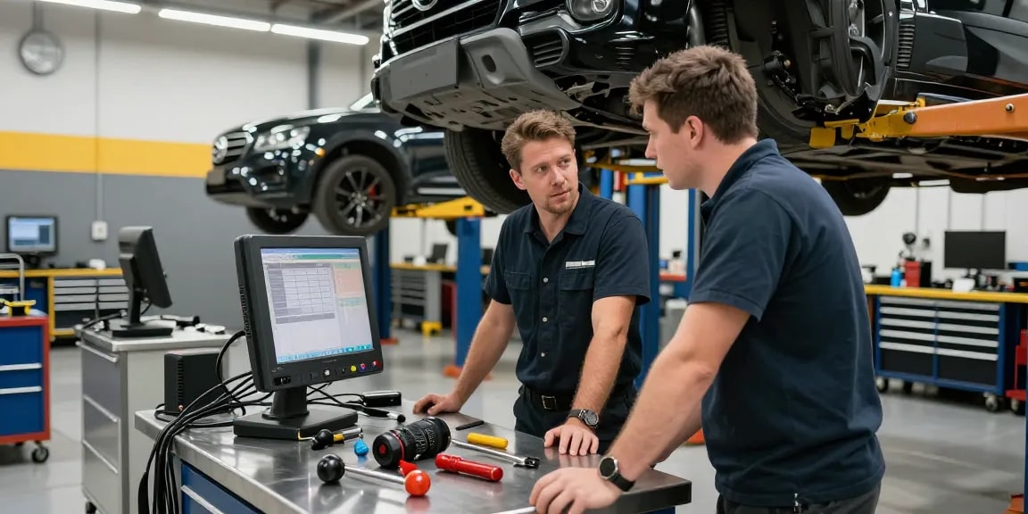 David Vepraskas Atlanta consulting in a modern automotive workshop with technicians.