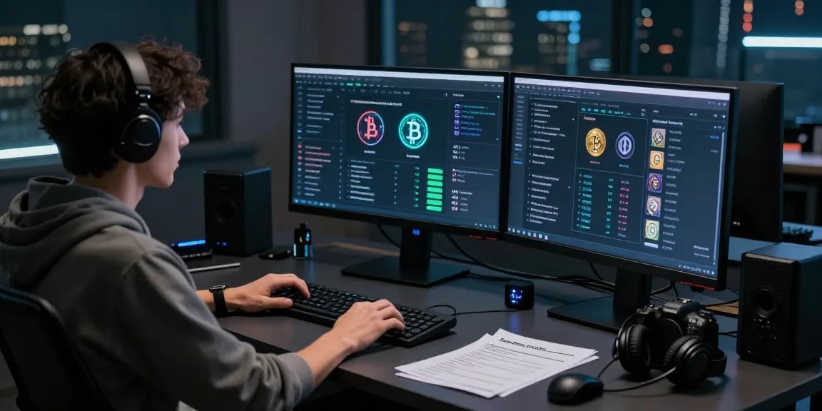 Best Darknet Markets 2026 analysis scene showing a person viewing multiple market dashboards and cryptocurrency data in a tech-inspired workspace.