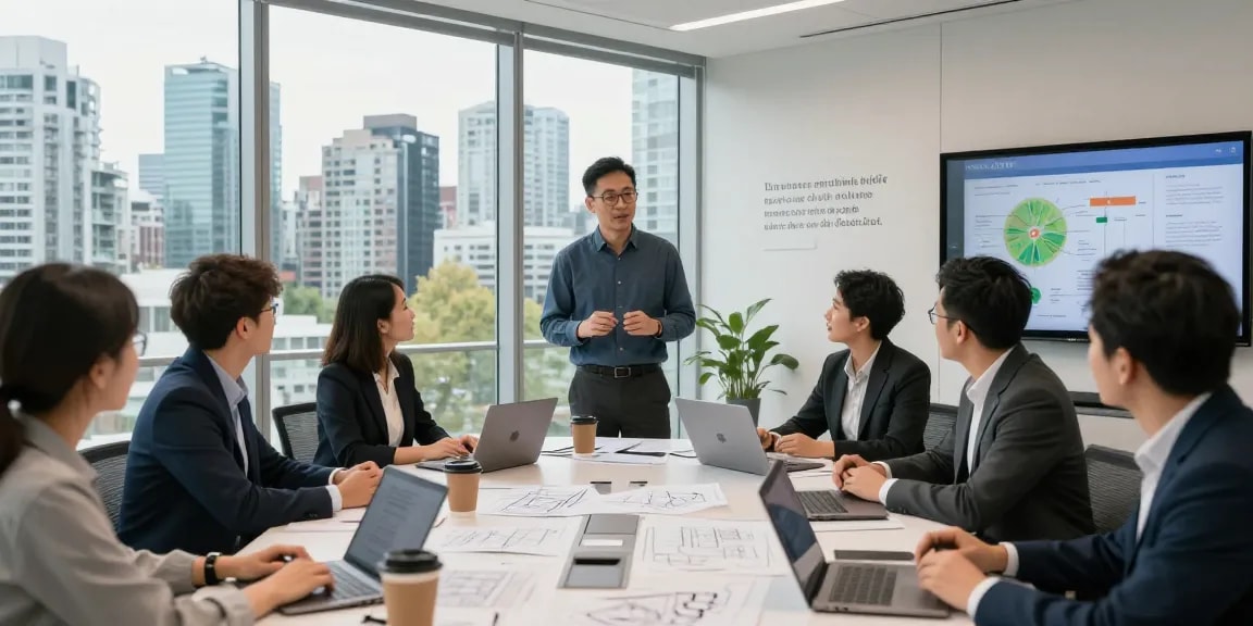Terry Hui leading a team discussion in a modern office with a view of Vancouver's skyline.