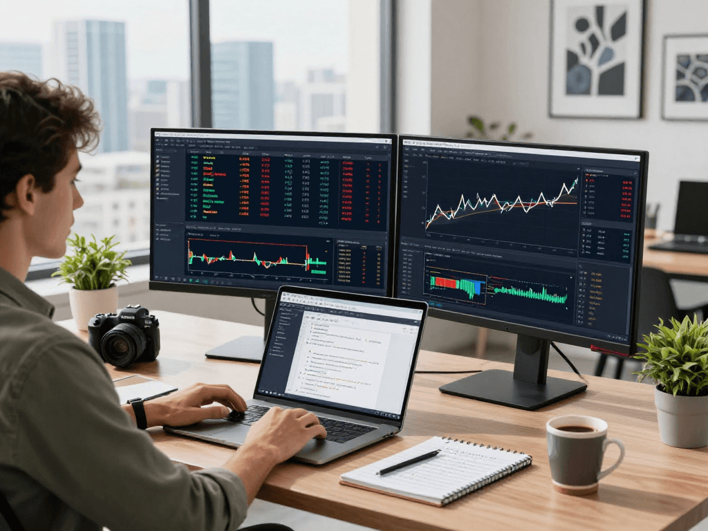 Dynamic coding workspace showcasing agricultural high frequency API with real-time forex trading data and technical analysis tools.