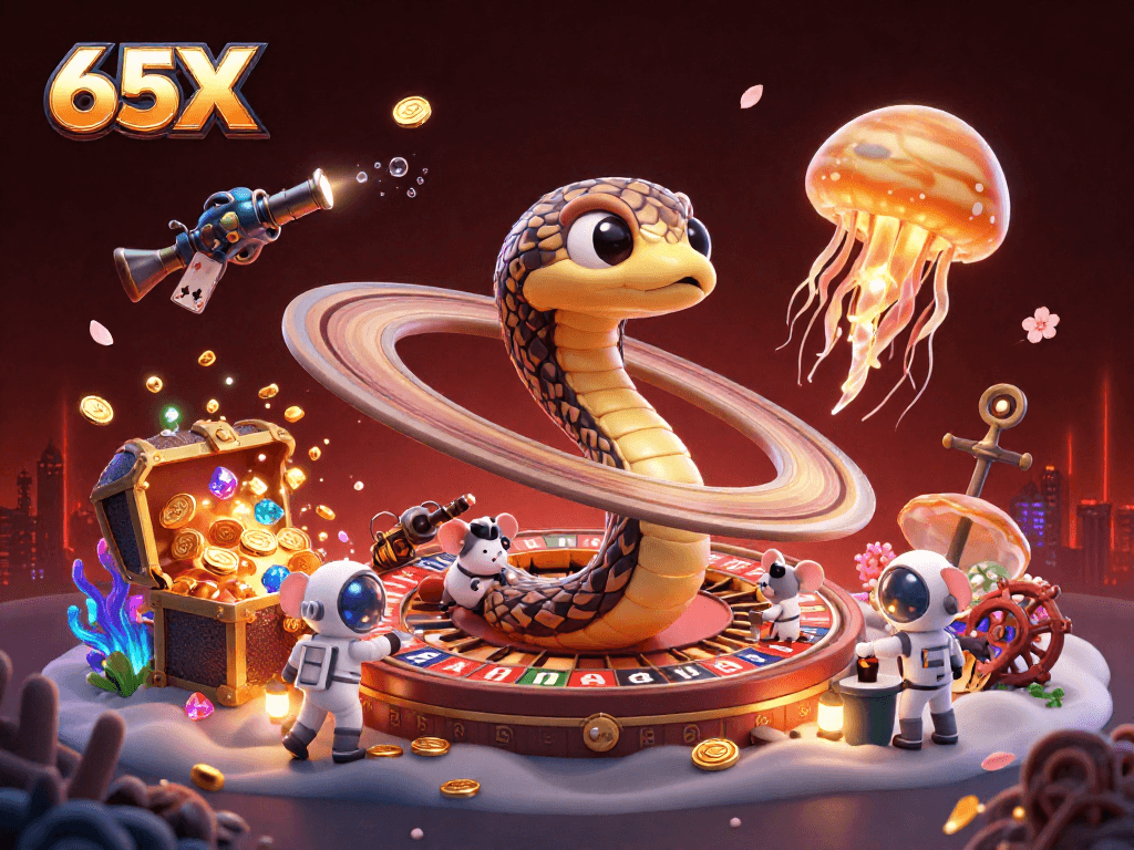 Aposte no 65X com a cobra Saturno girando em torno do planeta enquanto astronautas fazem apostas de forma divertida.