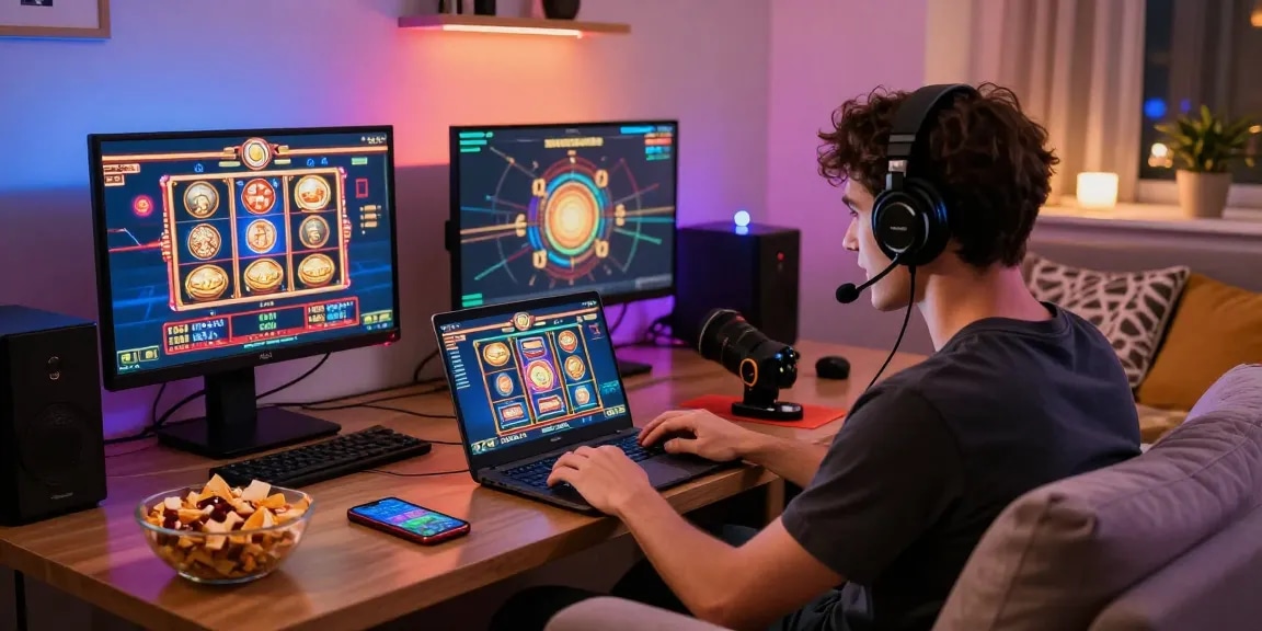 Link Login Dominobet featured in an engaging online gaming scene with a player enjoying vibrant slot games.