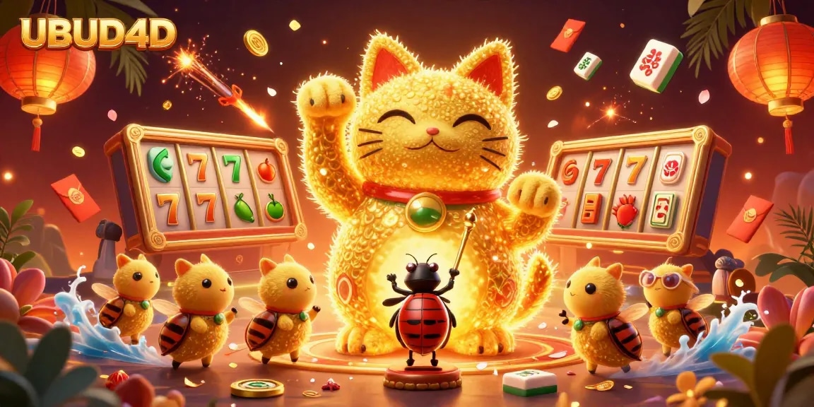 Engage in exciting gaming with UBUD4D's vibrant lucky cat and rich casino symbols.