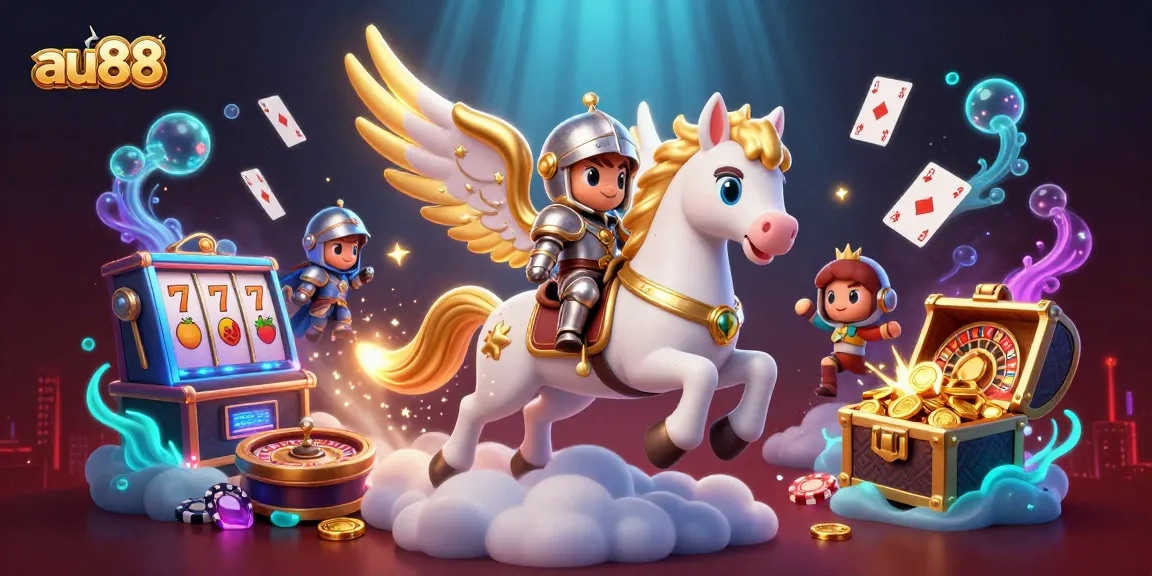 Experience the exciting world of au88 with a vibrant fantasy illustration featuring whimsical characters and casino elements.