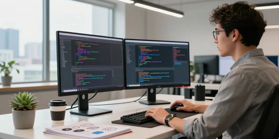 Developer coding in a modern workspace featuring 纸飞机中文版 on dual monitors, showcasing a productive tech environment.