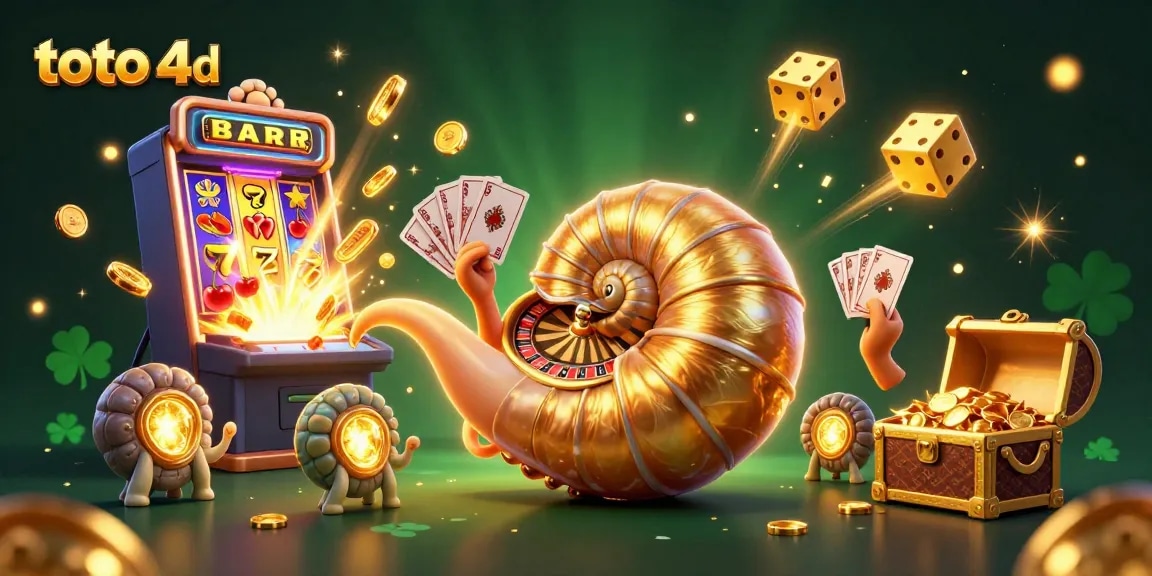 Engage with toto 4d gaming excitement through a vibrant 3D illustration showcasing a dynamic casino scene with slots and jackpots.