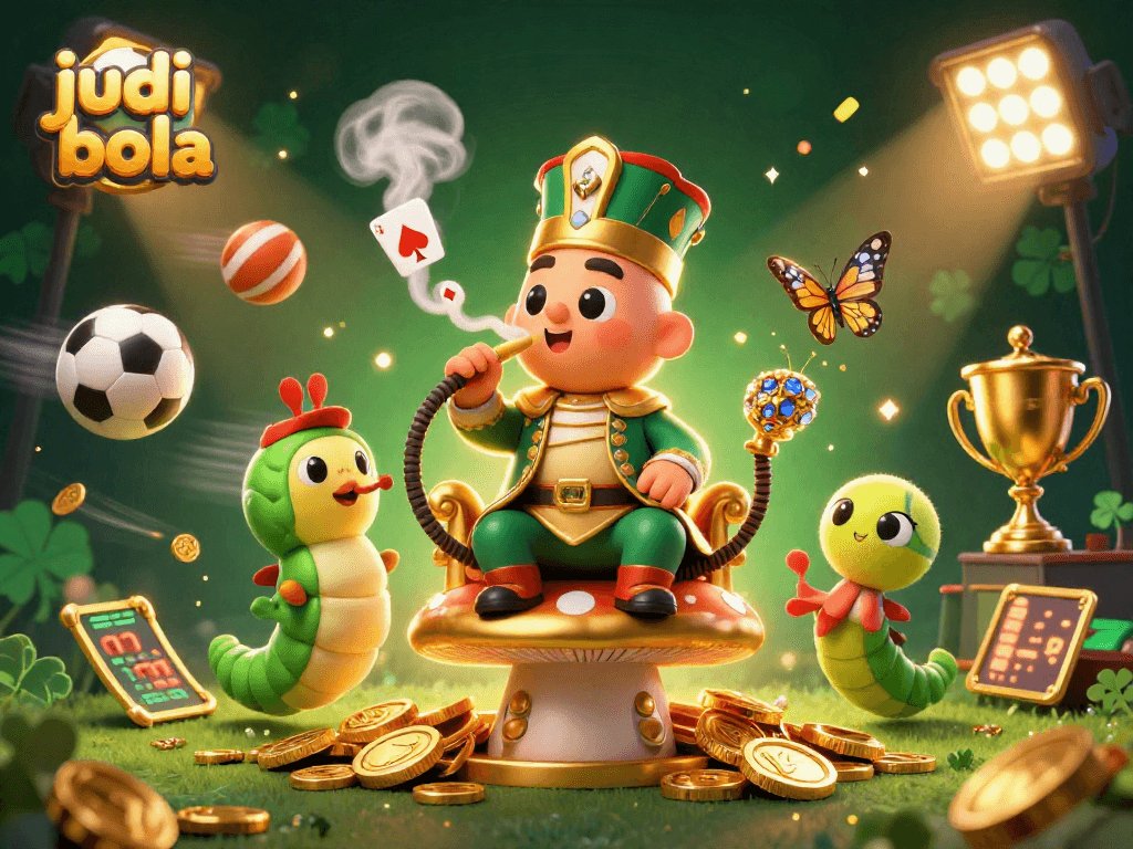 Win big with judi bola as an enormous caterpillar hookah-master entertains in a vibrant casino scene.
