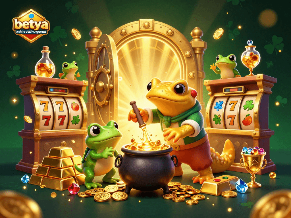 Engage with betya online casino games by exploring a vibrant 3D scene filled with golden treasures and slot elements.