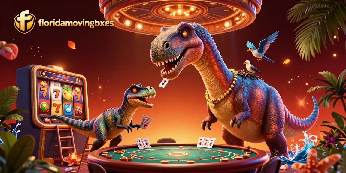 Experience thrilling gameplay with floridamovingboxes in a vibrant casino scene of cartoon dinosaurs.