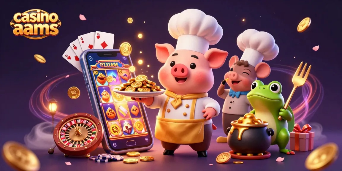 Scena emozionante dell'esperienza casinò non aams con un maiale chef, un topo sous-chef e una rana critico circondati da elementi di gioco.