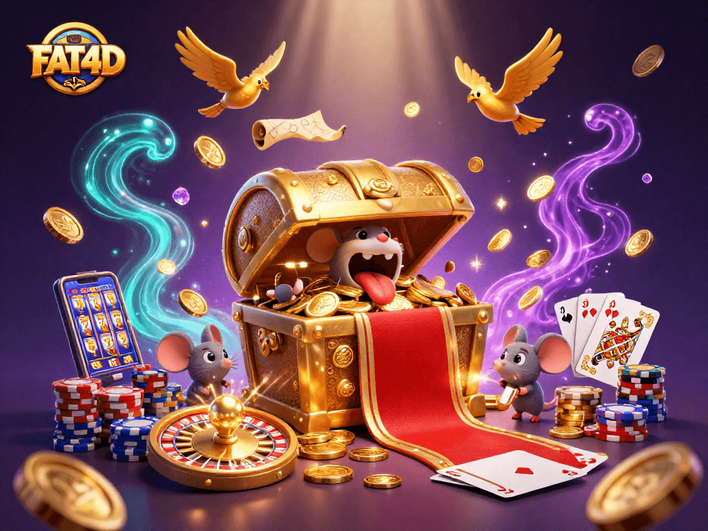 Play slot machines and unveil rewards with FAT4D's vibrant casino scene illustrating excitement and riches.