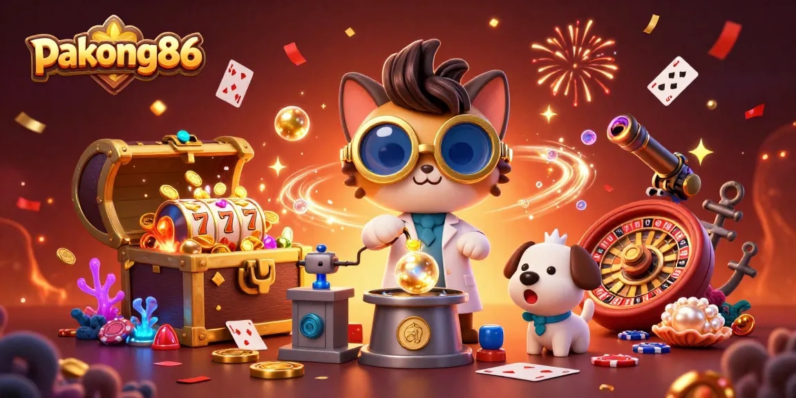 Engage with pakong86 in a vivid casino-themed 3D scene featuring a mad scientist cat and treasures.