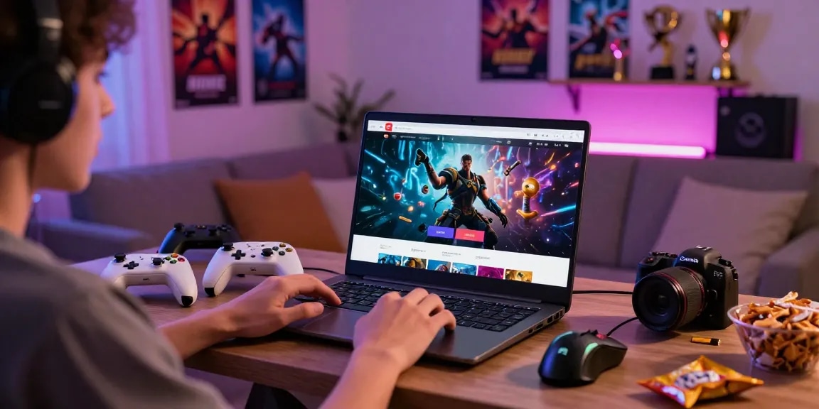 Exciting online gaming experience with link alternatif raja328 displayed on a laptop amidst vibrant gaming atmosphere.