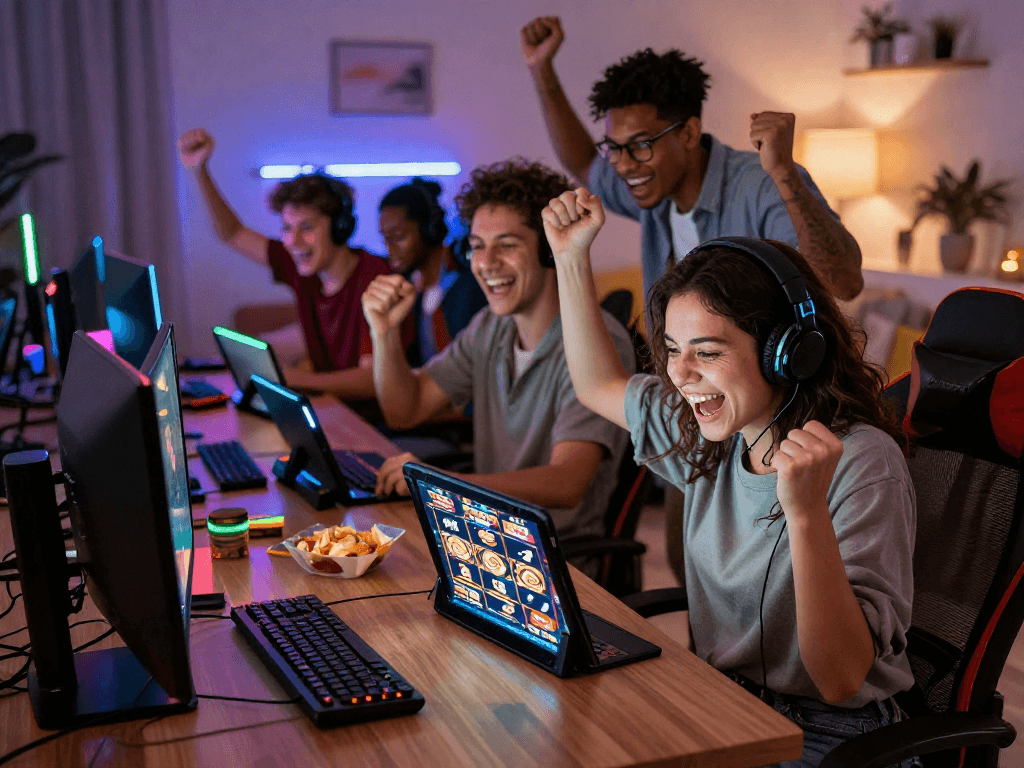 Players enjoying daftar raja328 online gaming at home with excitement and camaraderie.