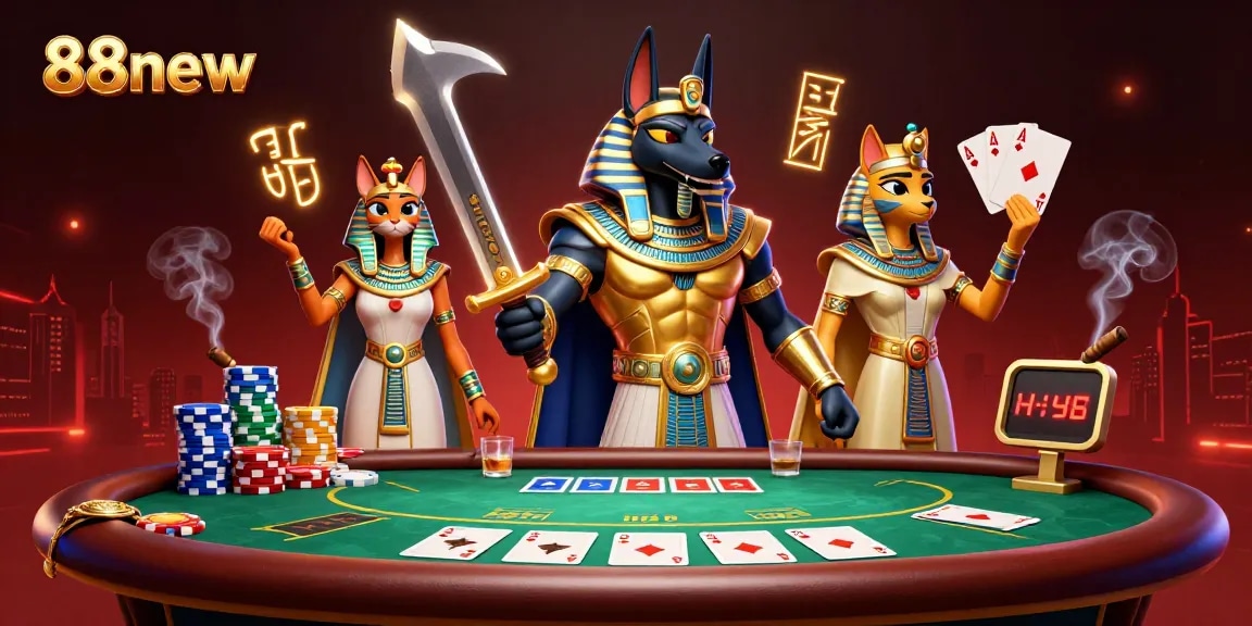 Experience thrilling casino action with 88new in this dynamic illustration featuring Anubis and Bastet.