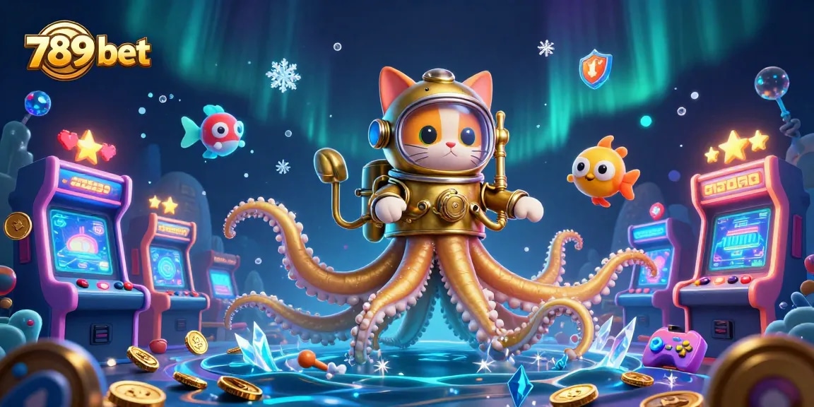 Engage with 789 bet’s vibrant 3D underwater casino adventure featuring kraken and diving cat.