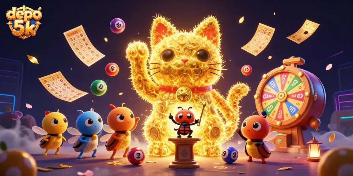 Experience the thrill of depositing 5k with a vibrant illustration featuring a lucky cat and dynamic casino symbols.