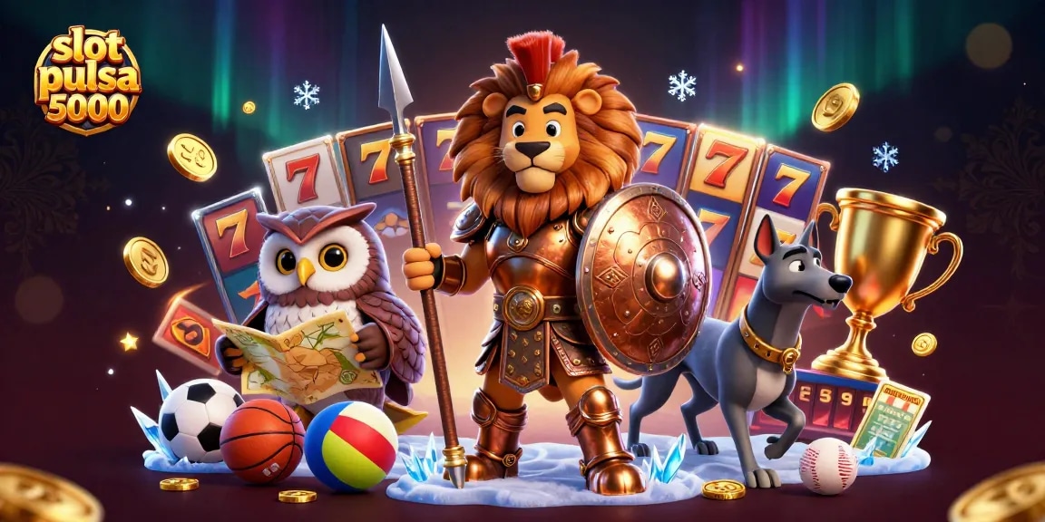 Menangkan permainan slot pulsa 5000 dengan slot reels dan karakter menarik di latar belakang glamor.