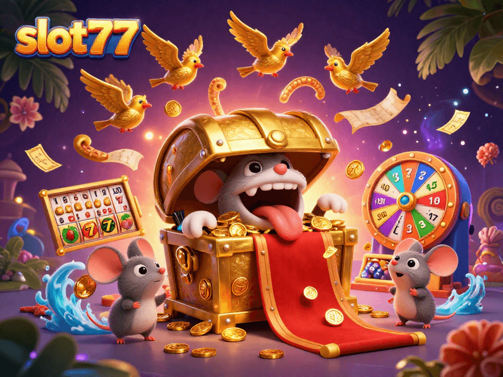 Engage with slot777's thrilling gameplay through a vibrant, dynamic casino scene filled with treasures.