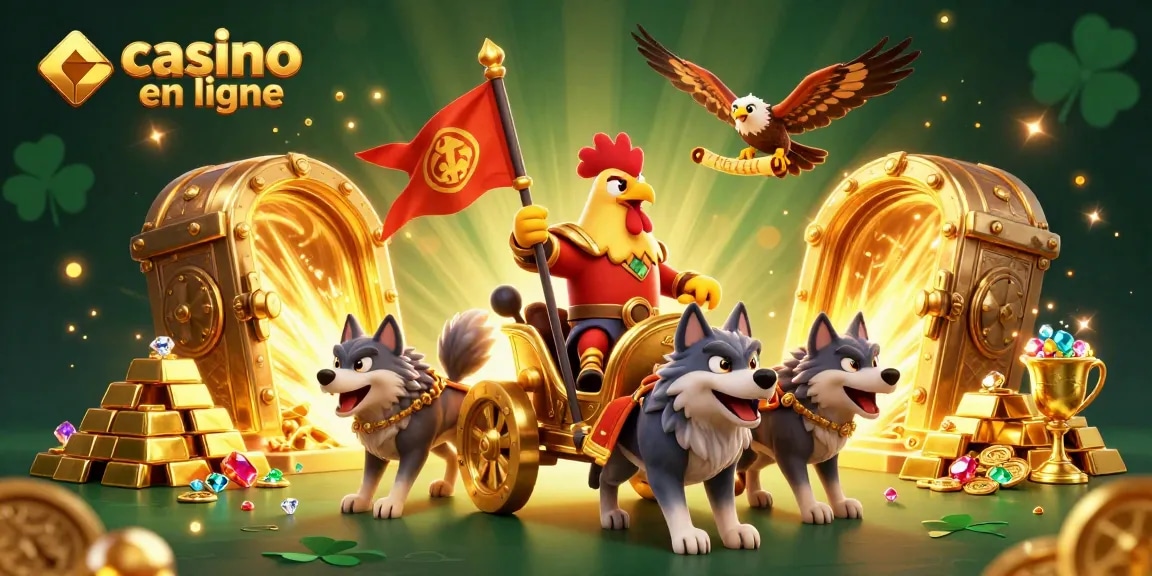 Casino en ligne : Illustration 3D captivante du roi coq au chariot doré parmi les richesses des jeux.