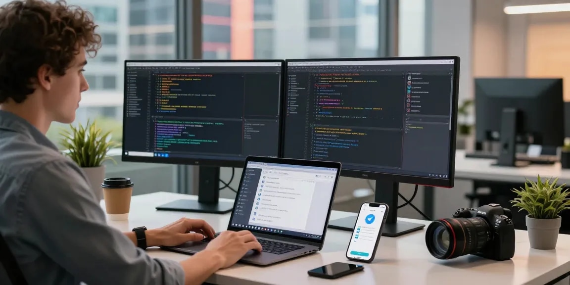 Professional workspace featuring the 纸飞机中文版 interface, showcasing a developer engaging with coding and tech tools in a modern office.