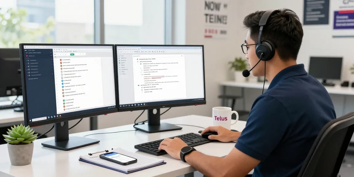 Telus-Technical-Support technician assisting customers in a bright workspace