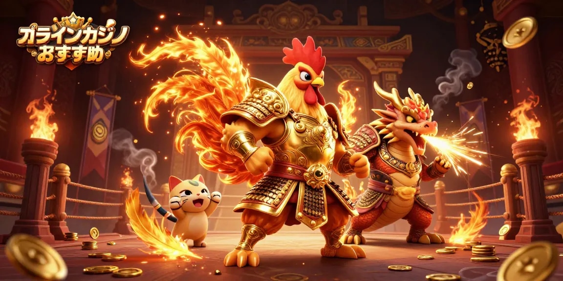 オンラインカジノ おすすめのための力強い3Dカートゥーンキャラクターが参戦するカジノ戦場を描いたイラスト