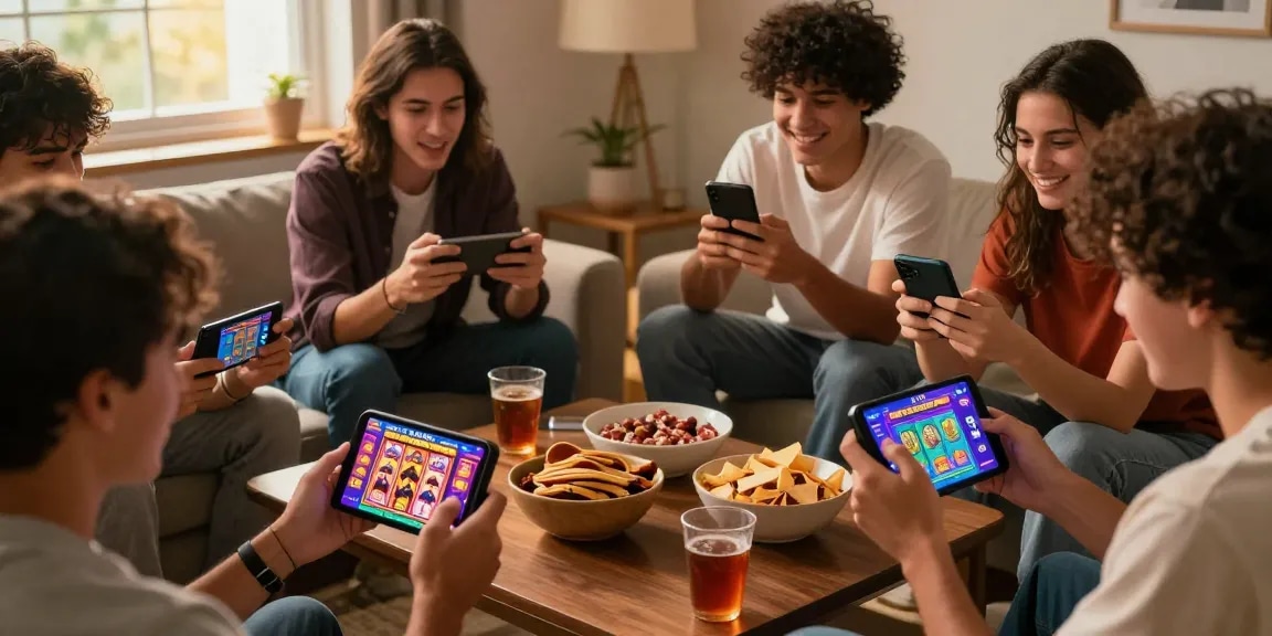 Excited friends celebrating their deposit pulsa tanpa potongan win on mobile games in a cozy environment.