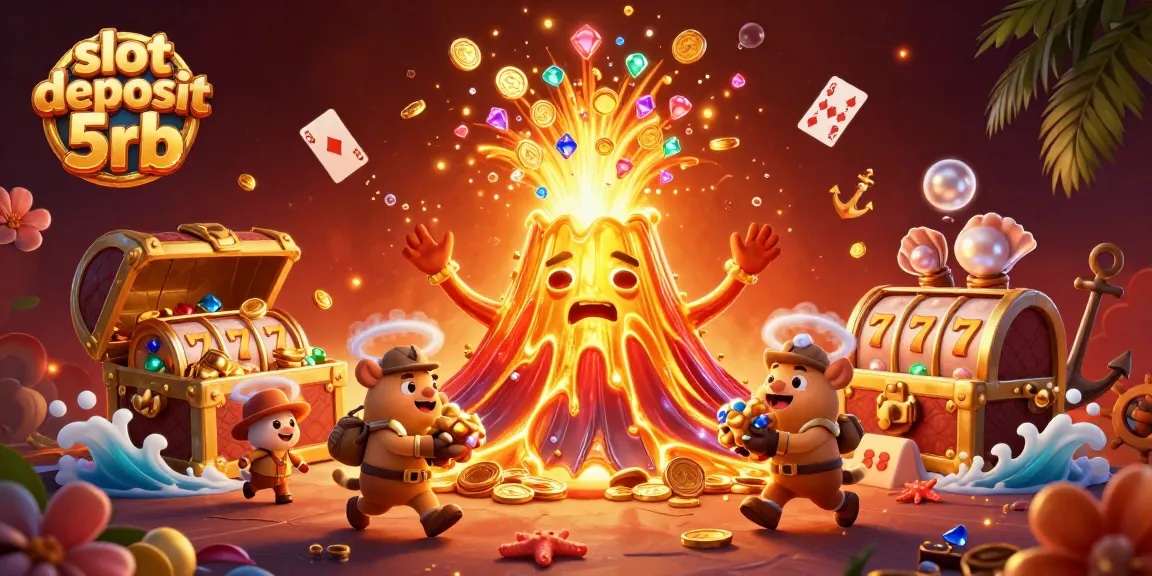 Experience thrilling wins with slot deposit 5rb, featuring a volcano and treasures in an exciting 3D scene.
