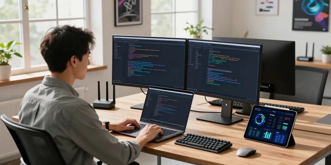 快连 app demonstration in a modern developer workspace with dual monitors and coding activity.