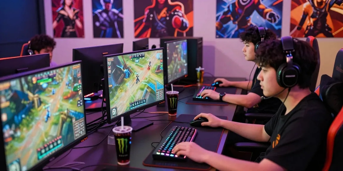 Gamer JURAGAN77 berkompetisi dalam turnamen online sambil dikelilingi peralatan gaming modern.